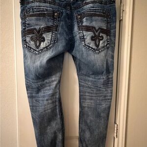 Rock Revival Sarley Slim Straight Blue Jeans with Black Stitching